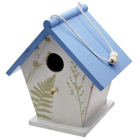 Painted Bird House with Perch and Hanging Cord Blue Roof