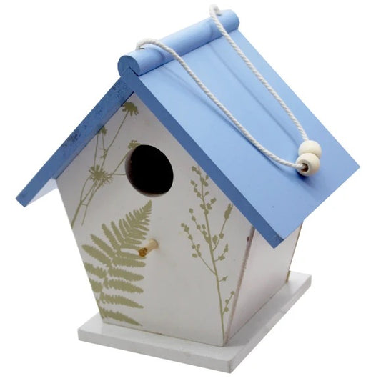 Painted Bird House With Perch and Hanging Cord Blue Roof