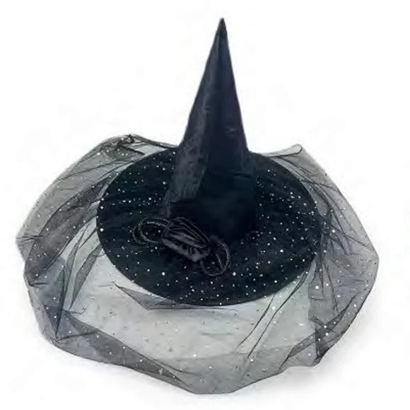 Black Spider Web Witch Hat with Rose and Black Lace