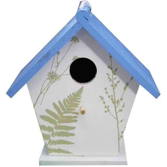 Painted Bird House With Perch and Hanging Cord Blue Roof