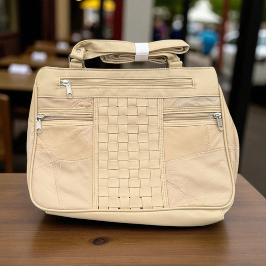 Beige Patched Leather Stylish Handbag