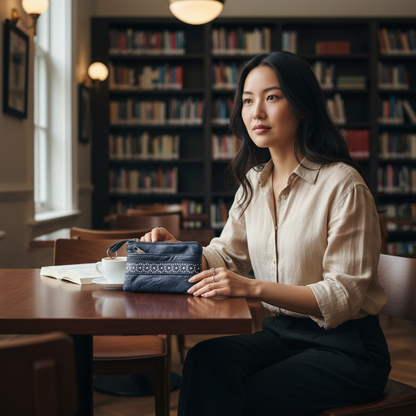Blue Zip Purse With Silver Pattern