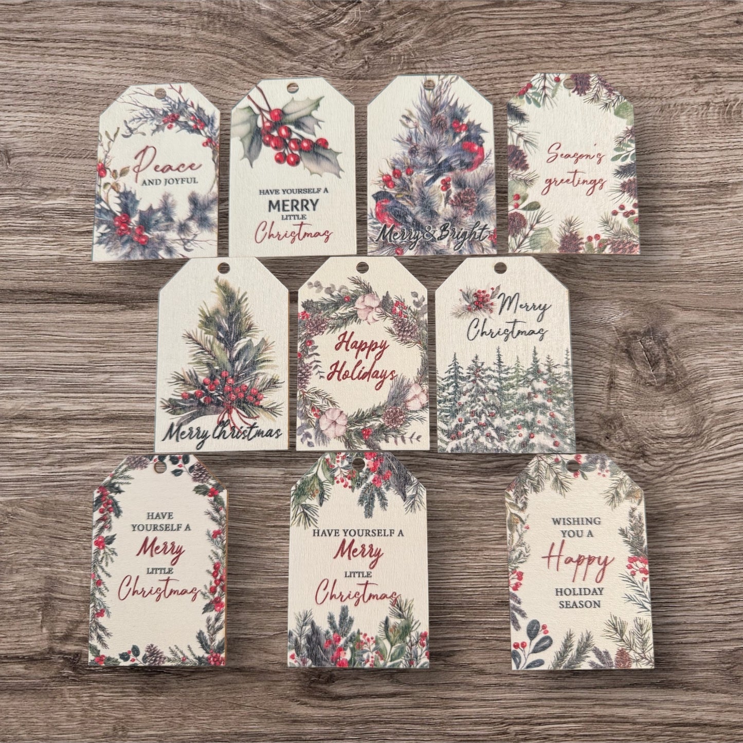 Assorted Holiday Sayings On Wood Christmas Ornaments With String Group 2