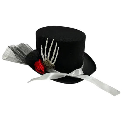Steampunk Black Top Hat With Skeleton Hand, Rose and Embellishments