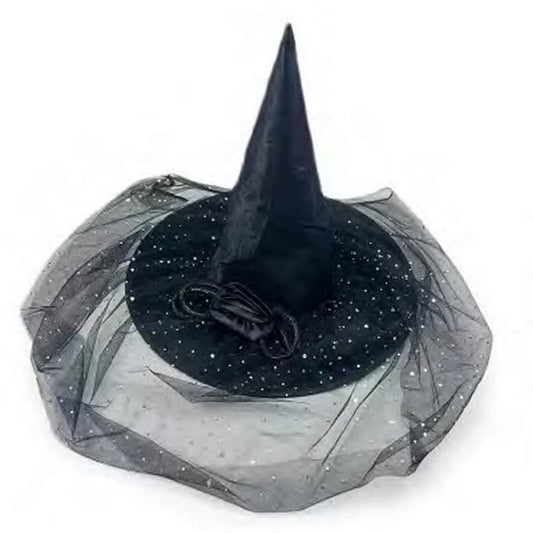Black Spider Web Witch Hat with Rose and Black Lace