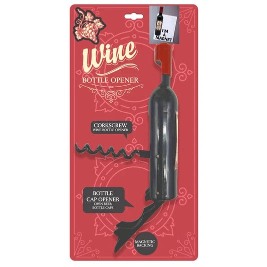Wine Bottle Shaped Corkscrew and Can Opener Clip Strip