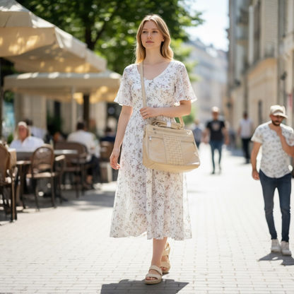 Beige Patched Leather Stylish Handbag