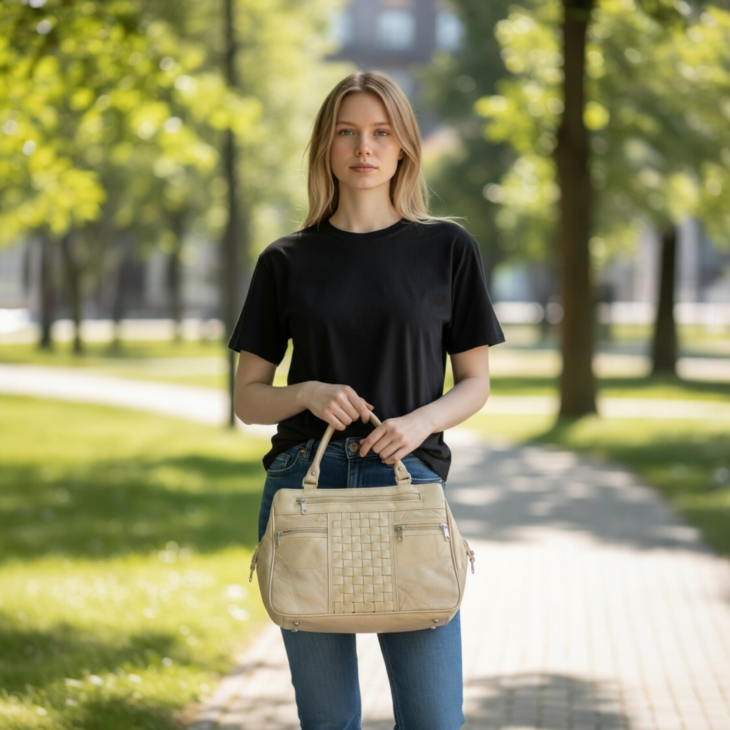 Beige Patched Leather Stylish Handbag