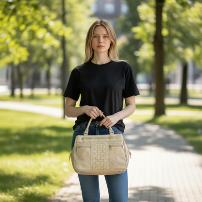 Beige Patched Leather Stylish Handbag