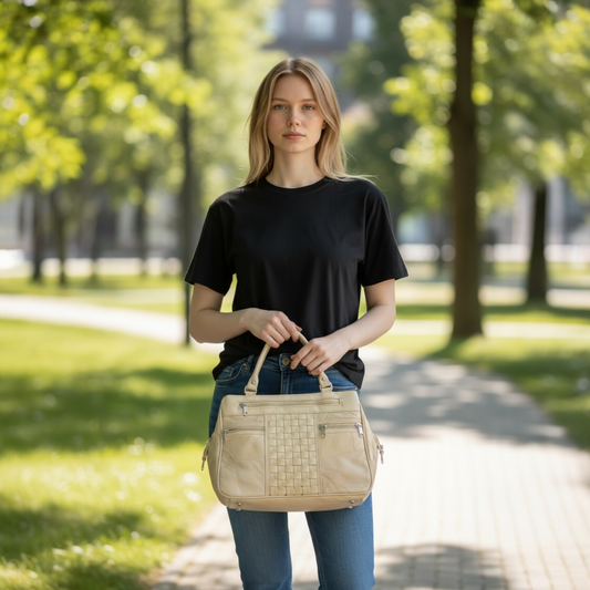 Beige Patched Leather Stylish Handbag