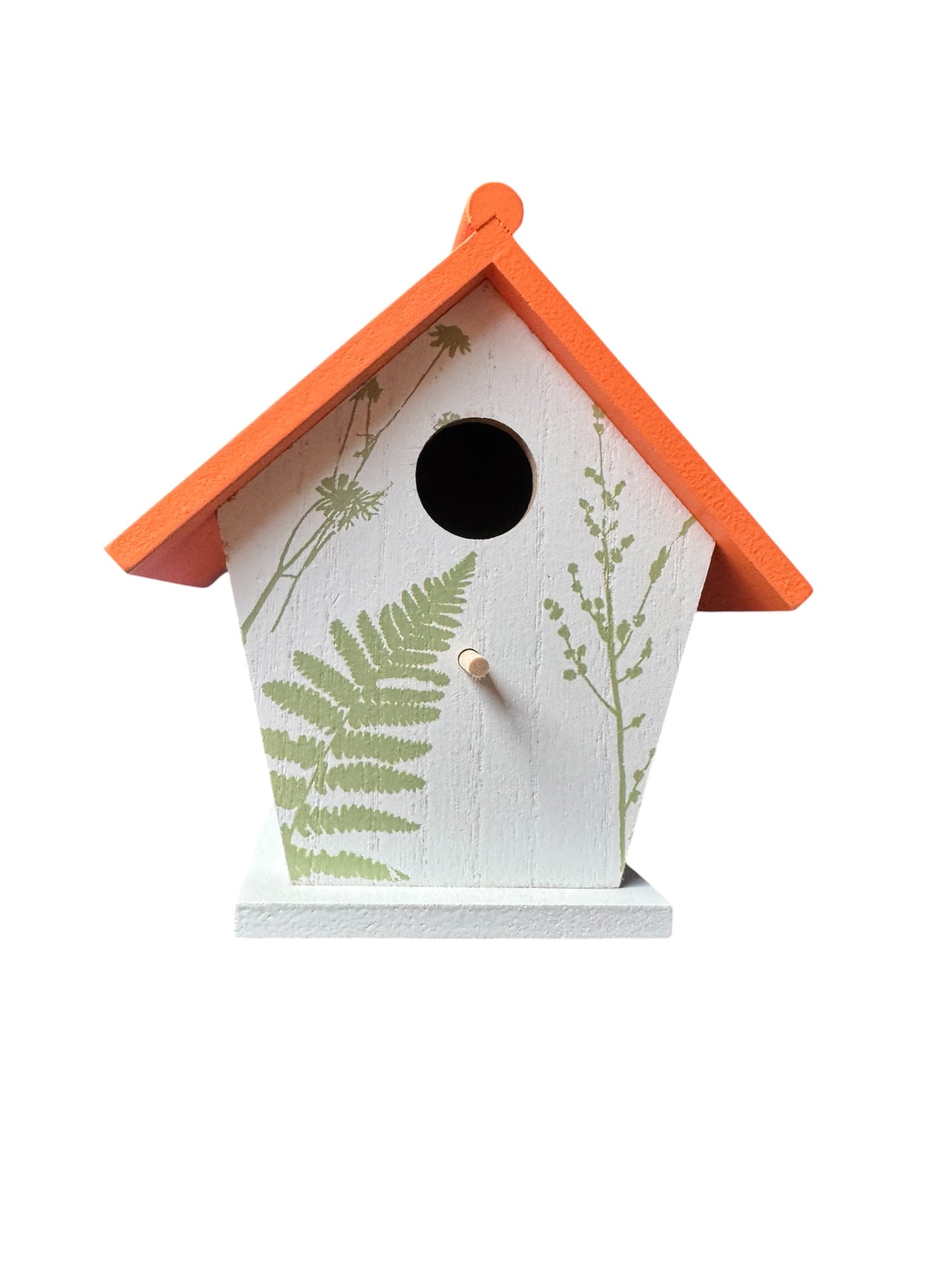 Painted Bird House with Perch and Hanging Cord Orange Roof