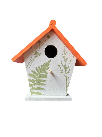 Painted Bird House with Perch and Hanging Cord Orange Roof