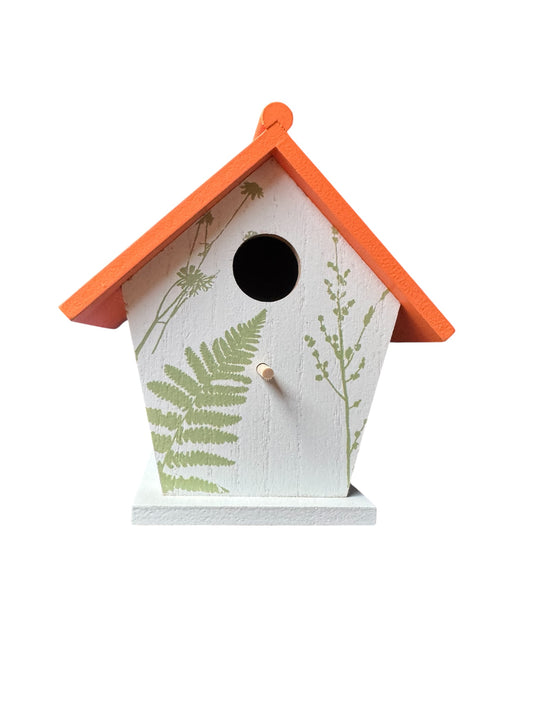 Painted Bird House with Perch and Hanging Cord Orange Roof