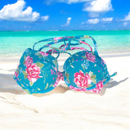 Womens Bathing Suit Top Floral  In Ocean Blue
