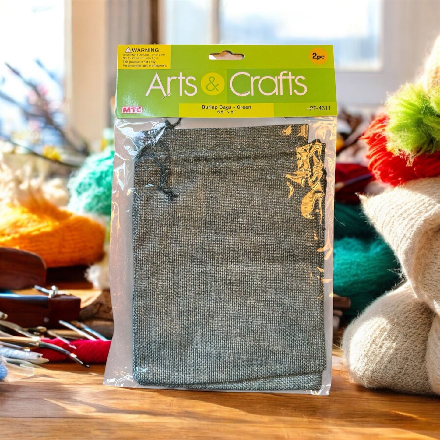 2 Piece 5.5 Inch x 8 Inch Burlap Bags in Green