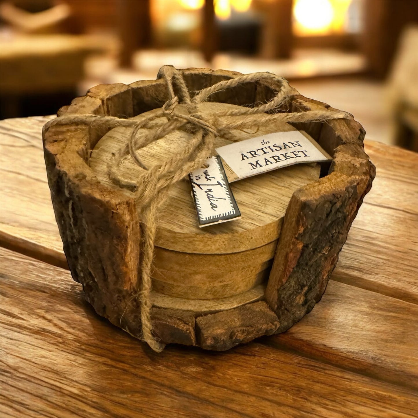 4-Piece Wood Coaster Set With Bark Caddy