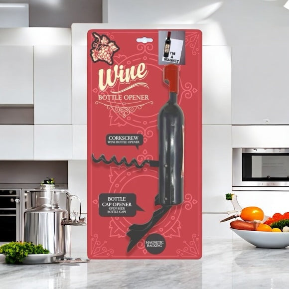 Wine Bottle Shaped Corkscrew And Can Opener Clip Strip