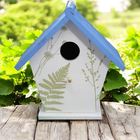 Painted Bird House With Perch and Hanging Cord Blue Roof