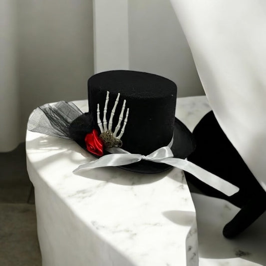 Steampunk Black Top Hat With Skeleton Hand, Rose and Embellishments