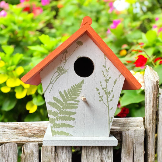 Painted Bird House with Perch And Hanging Cord Orange Roof