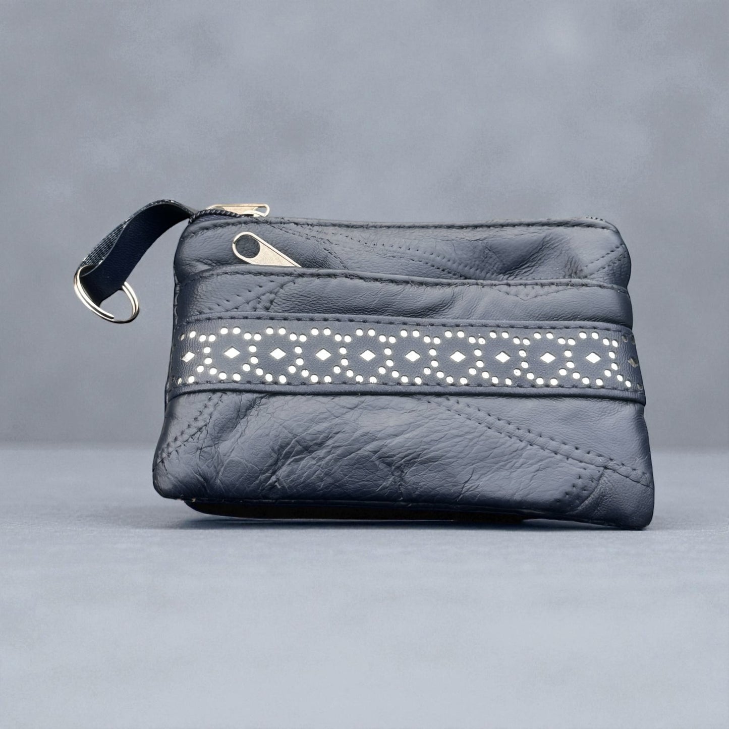 Blue Zip Purse With Silver Pattern