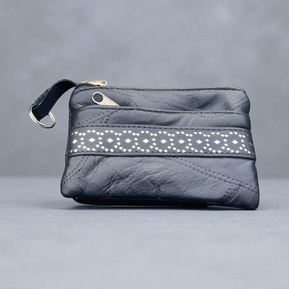 Blue Zip Purse With Silver Pattern