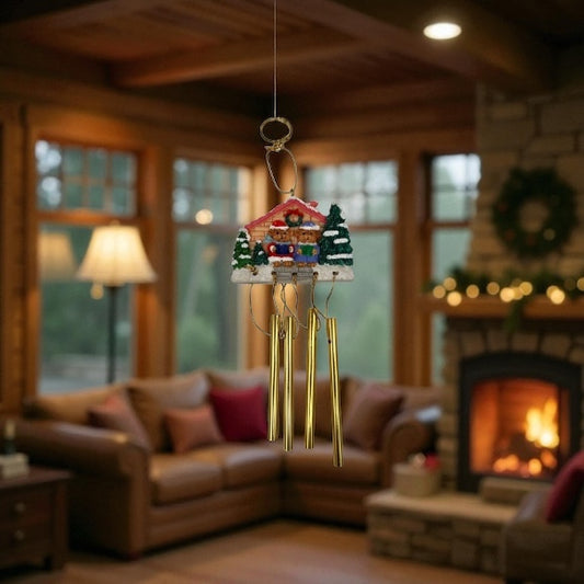 Bears Singing Christmas Carols in Front of House 4-Tube 6" Mini Chime