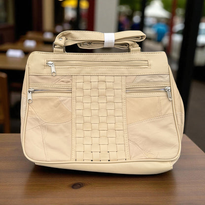 Beige Patched Leather Stylish Handbag