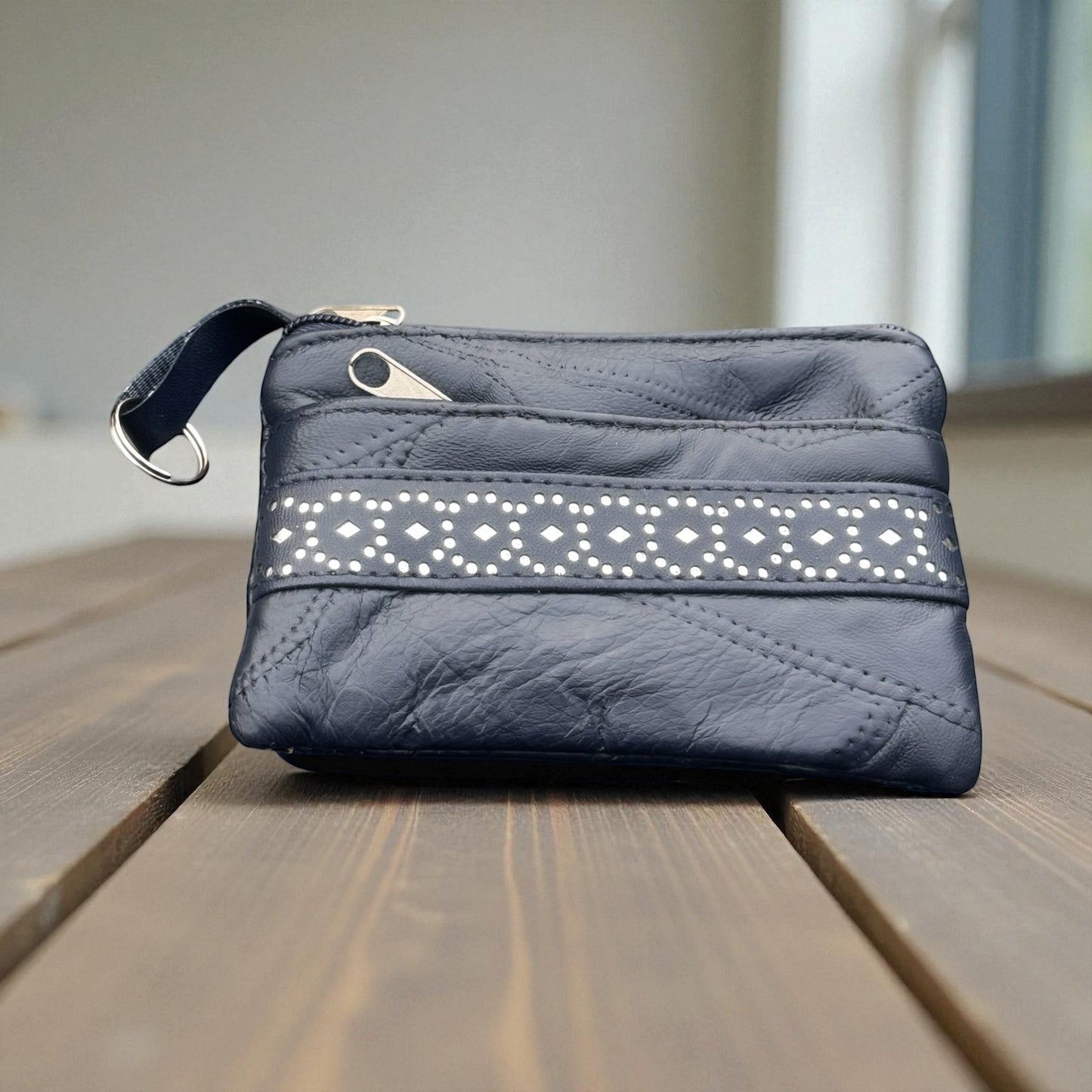 Blue Zip Purse With Silver Pattern