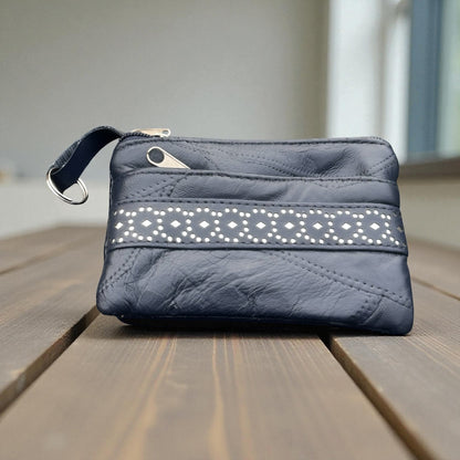 Blue Zip Purse With Silver Pattern